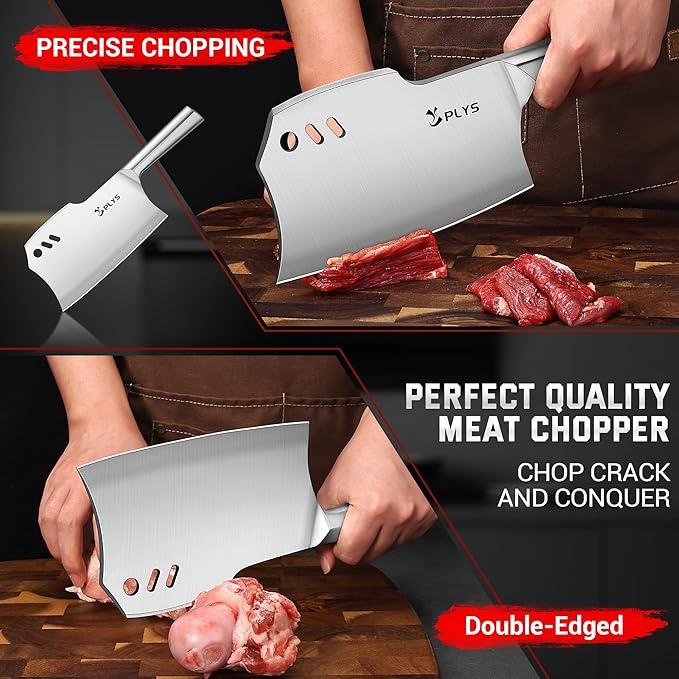 Plys Meat Cleaver Knife, Heavy Duty Bone Chopper for Kitchen, 7.2 inch -Double-Edged Butcher Knife, Gifts for Men