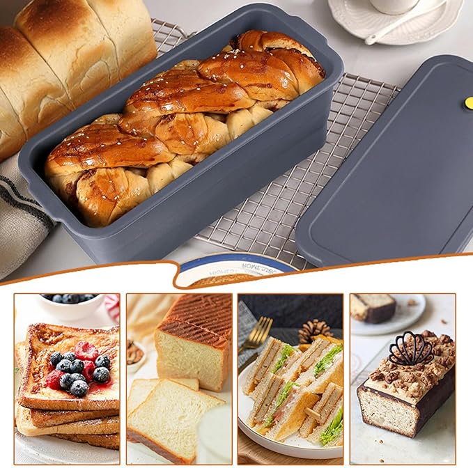 Bread Loaf Pan, New Upgrade Silicone Non-Stick Bakeware, Larger and Thicker, Foldable Bread Toast Box Mold with Lid, Baking Pans for Cakes, Brownies