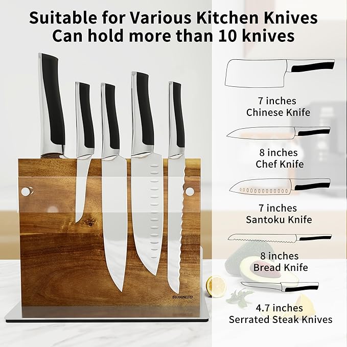 Acacia Wood Magnetic Knife Block Stand with Thickened Acrylic Shield - Double-Sided Powerful Magnet Holder for 10+ Knives, Anti-Slip Base & Space-Saving Design