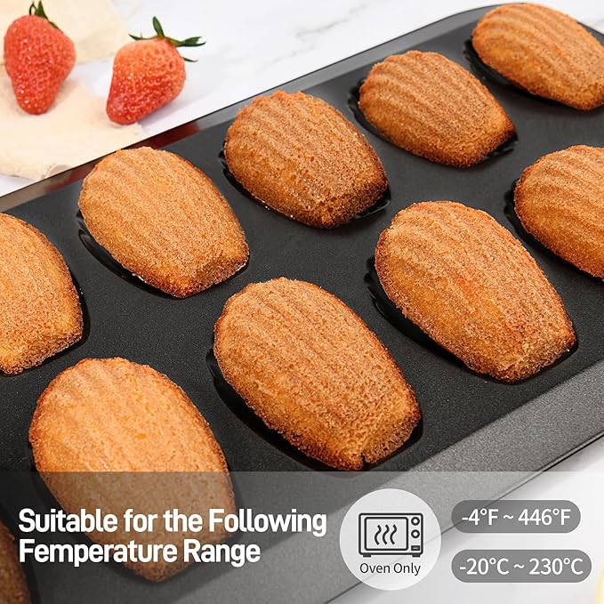 2 Pack Madeleine Pans for Baking, 12 Cavity Heavy Duty Shell Shape Baking Mold Nonstick Cookie Cake Pan for Oven（BLACK）