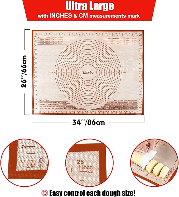 Silicone Pastry Mat 34''By 26'' Nonstick Baking Mats Extra Large Counter Mat for Dough Rolling, Pastry, Pie Crust, Fondant, Cookies, Bread, Pasta, Pizza Mat