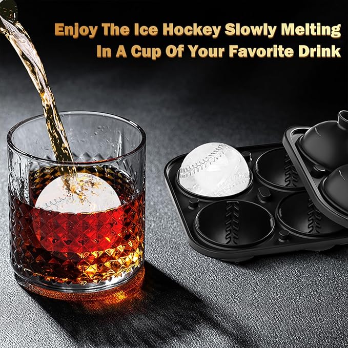 4 Pack Baseball Ice Cube Mold 2.2 Inch Large Silicone Round Ice Cube Molds Fun Shapes Craft Sphere Ice Molds Novelty Gifts Stuff for Men and Women Cocktails, Bourbon,Brandy, Whiskey(4, Baseball)
