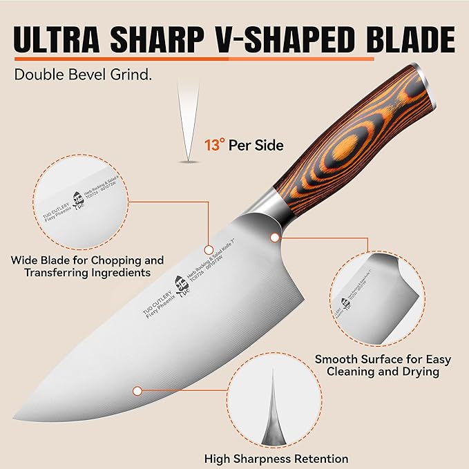 TUO Rocker Knife, 7 inch Salad Chopper Chef Knife for Herb Rocking and Veggie Chopping, Vegetable Cleaver in High Carbon Steel with Ergonomic Handle - Fiery Phoenix Series