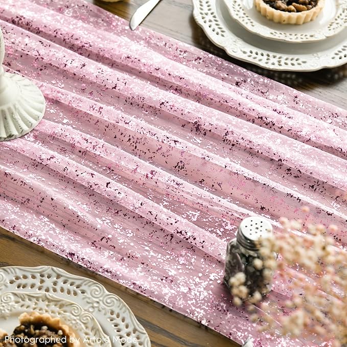 Artoid Mode 3PCS Pink Gold Gauze Table Runner 120 Inch 10FT, Glitter Metallic Foil Sheer Dining Wedding Anniversary Holiday Table Decor for Home Party