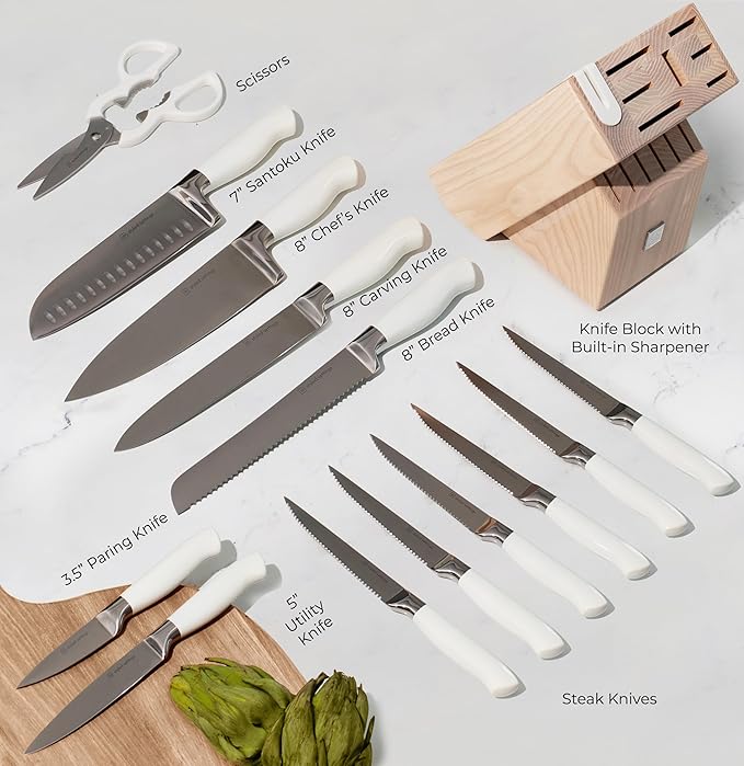Styled Settings White Knife Set with Block and Sharpener – 14-Piece High Carbon Stainless Steel Knives with Ashwood Block and Built-In Sharpener – Durable White Kitchen Accessories for Cooking