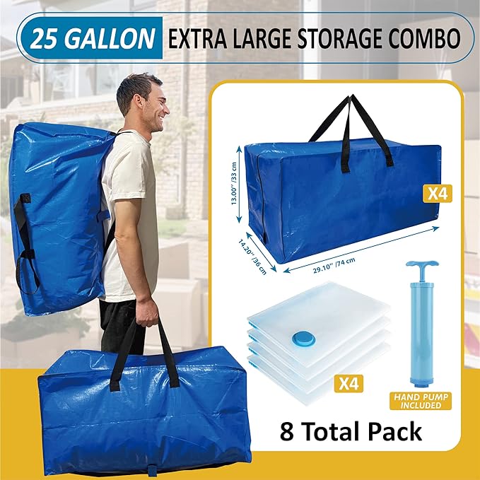 8 Pack Heavy Duty Extra Large Moving Bags with Backpack Straps & Large Vacuum Storage Bags Moving Supply Combo, Moving Totes with Handles & Zippers for Space Saving, Fold Flat, Includes Vacuum Bags