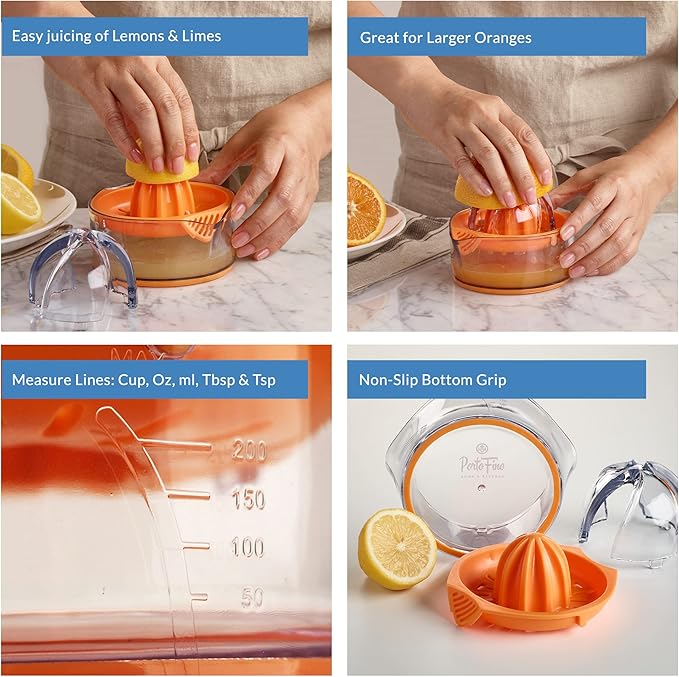 Citrus Squeezer - Orange Juicer - Manual hand Juicer - Lemon Lime Squeezer with Measuring Cup and Strainer - Space Saving and easy to use - Dishwasher Safe - Gift for Women - 8OZ (Orange)