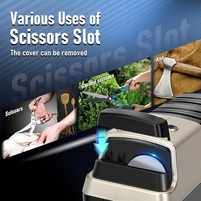 Upgrade 5 in 1 Electric Knife Sharpener with LCD Screen, 3 Rotational Speed Adjustable, 100% Diamond knife sharpener for Straight, Serrated, Meat Cleaver, Ceramic Knives & Scissors, Light Blonde