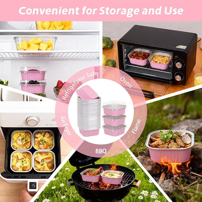 200 Pack 10 oz Pink Square Mini Cake Pans with Lids, Mini Loaf Pans with Lids, Aluminum Foil Square Brownie Baking Cups for Ramekins Muffin Cupcake Wedding Birthday Party