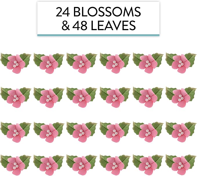 Global Sugar Art Blossoms and Leaves Edible Sugar Cake & Cupcake Flowers, Pink, Small Unwired, 24 Count with Leaves by Chef Alan Tetreault