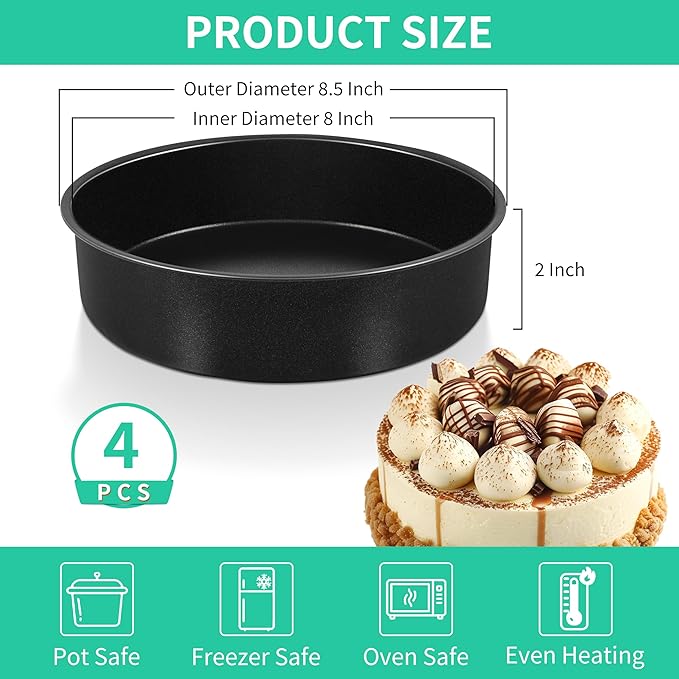P&P CHEF Non-stick Cake Pan Set of 4, 8 Inch Round Baking Cake Pans Tins for Tier Smash Cakes, Non-Toxic & Solid, Stainless Steel Core & Leak-Proof, 4Pcs