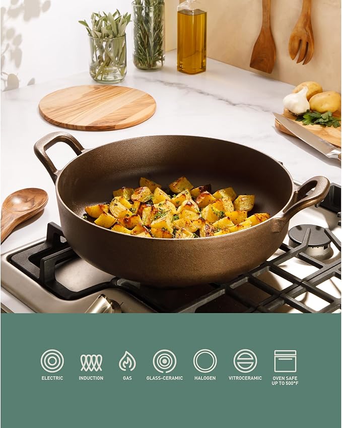 Bloomhouse Natural Bronze Finish 13-Inch Round Cast Iron Everyday Pan – Olive Oil Treated Cooking Surface with Dual Handles & Olive Wood Trivet, Oven, Stovetop & Campfire Safe