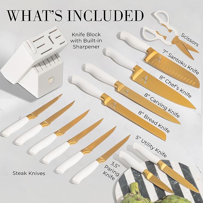 Personalized Gold Knife Set with Self-Sharpening Block – Make It Uniquely Yours with Custom Engraving on Luxurious White and Gold Knives – Personalized Gift for Weddings, Birthdays, Anniversaries