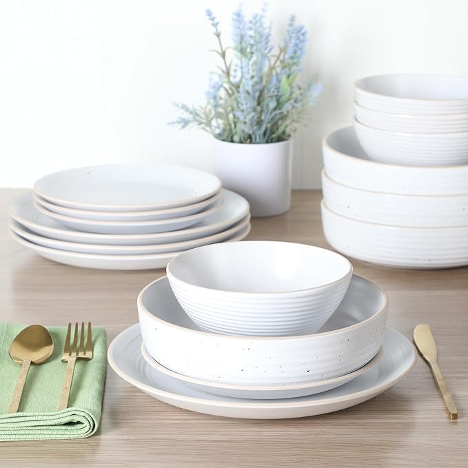 Gibson Home Dinah 16-Piece Matte White Stoneware Dinnerware Set – Double Bowl, Embossed Speckled Design, Durable Kitchen Dinnerware