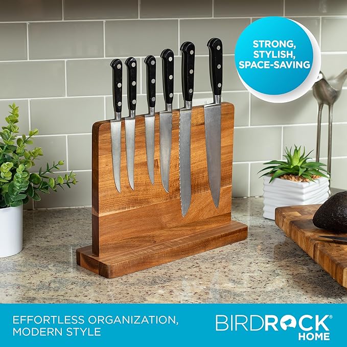 BIRDROCK HOME Wooden Magnetic Knife Block | Acacia Wood Knife Storage | Double-Sided Strong Magnetic Knife Holder | Knife Organizer for Kitchen & Space-Saving Design | No Knives Included | 12.8"Lx10"H