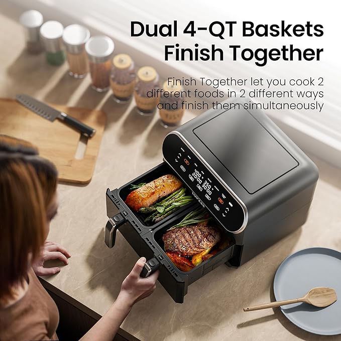 Topzee 8QT Dual Basket Air Fryer – Large Air Fryer with Independent Controls, 8 Preset Modes, Sync & Finish Together, Easy View Windows, Black