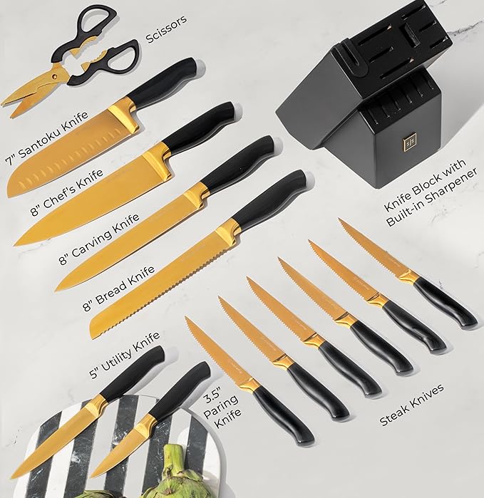 Black and Gold Knife Set with Block and Sharpener – 14-Piece Full Tang Golden Knives with Self-Sharpening Knife Block – Gold Kitchen Accessories for Cooking and Prepping; Ideal for Gifting