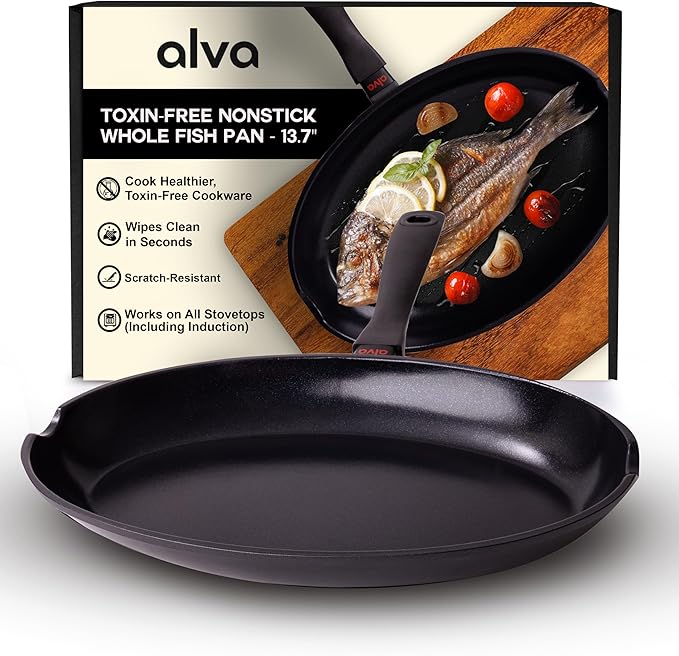 Alva Energy Nonstick Ceramic Fish Pan 13.7" - Lightweight, Easy to Clean and Made without PFAS, PFOA & PTFE - Induction and All Stovetop Compatible with Even Heat Distribution