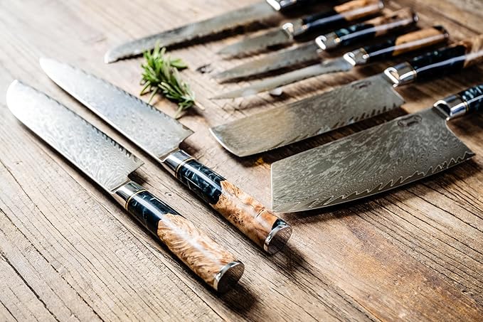 Epicurean Cook Tidal Collection 8 PCS Damascus Knife Set Japanese Kitchen Knives with VG10 Steel Core Ultra-Sharp Professional Chef Knife Set with Elegant Box and Black Resin and Burl Wood Handles