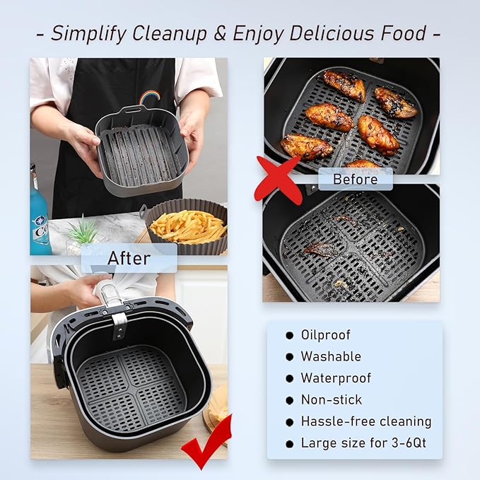 Air Fryer Silicone Liners, Pot 2 Pcs Reusable Non-Stick Air Fryer Basket Bowl Fit 3-6QT Air fryer Baking Replacement of Flammable Parchment Paper(Square, 7.5 Inch)