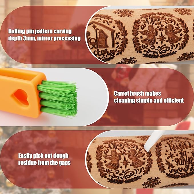 17" Premium Wooden Rolling Pins for Baking with Nativity Embossed Designs | 3mm Deep Springerle Cookie Molds | Christmas Rolling Pin & Baking Gifts for Women | Includes 3-in-1 Cleaning Brush