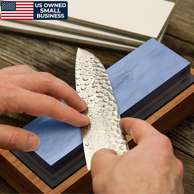 Sharp Pebble Premium Whetstone Knife Sharpening Stone 2 Side Grit 1000/6000 Waterstone- Whetstone Knife Sharpener- NonSlip Bamboo Base & Angle Guide