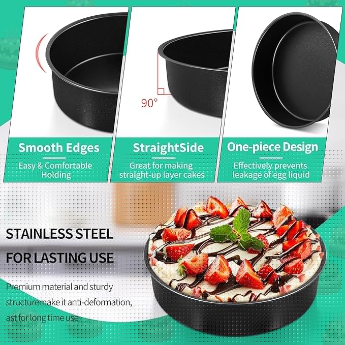 P&P CHEF Non-stick Cake Pan Set of 2, 8 Inch Round Baking Cake Pans Tins for Tier Smash Cakes, Non-Toxic & Solid, Stainless Steel Core & Leak-Proof, 2Pcs