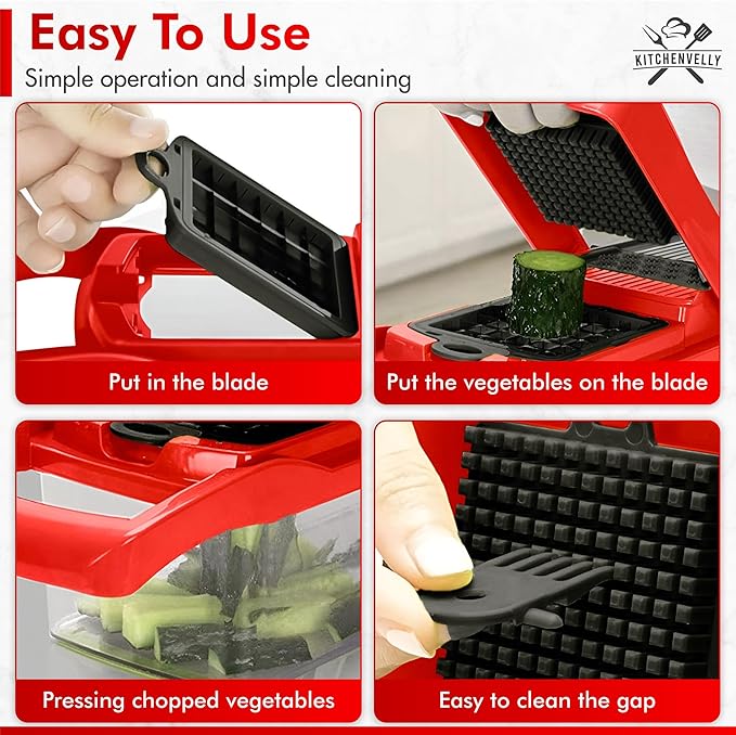 16-in-1 Vegetable Chopper and Slicer with 8 Blades – Veggie Cutter, Dicer, Food Chopper with Container & Lid – Multi-Purpose Kitchen Tool for Easy Meal Prep (Red)