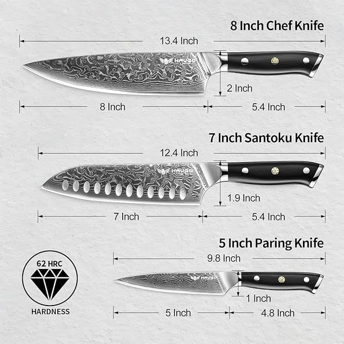 Damascus Knife Set - Haugo 3 PCS Professional Chef Knife Set with Japanese VG10 Steel Core - Ultra Sharp Kitchen Knives and Full Tang G10 Handle - Ronin Series - Gift Box