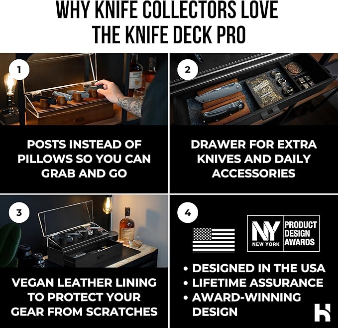 Premium Pocket Knife Display Case for 10 Knives - Wooden Knife Organizer, Storage & Holder with Unique Pillars, Hinged Cover, Drawer - Knife Collection Box - Handcrafted for Men