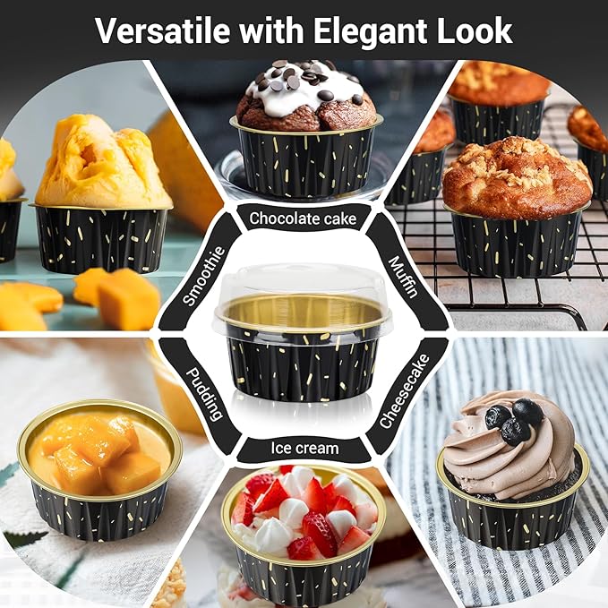 EUSOAR Muffin Liners, 50pcs 5oz Disposable Ramekins, Aluminum Foil Muffin Cupcake Liners Cups with Lids, Disposable Aluminum Foil Cupcake Baking Cups Holders Cases Boxes Pans with Lids
