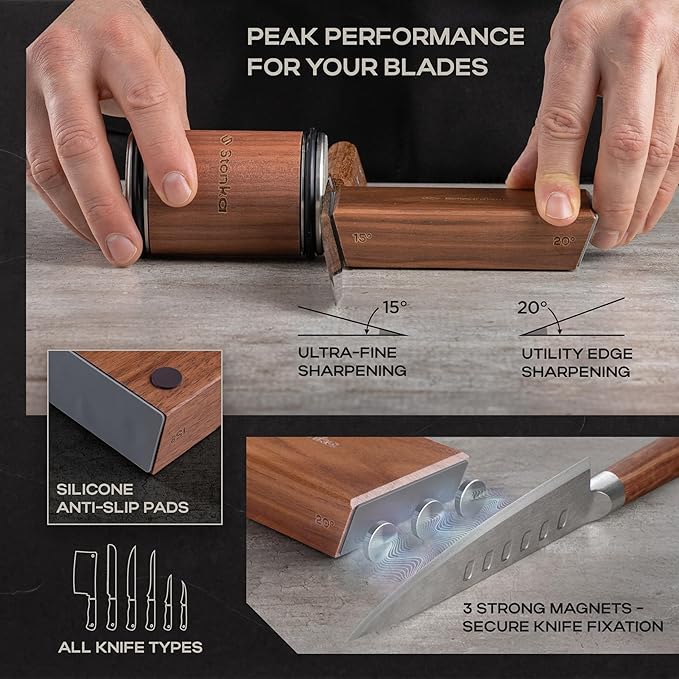 Stonka Walnut Rolling Knife Sharpener Kit – Dual-Grit Diamond Wheels Kit (400/1000), Easy to Use Knife Sharpener Roller with Magnetic Holder with 15° & 20°, Leather Strap