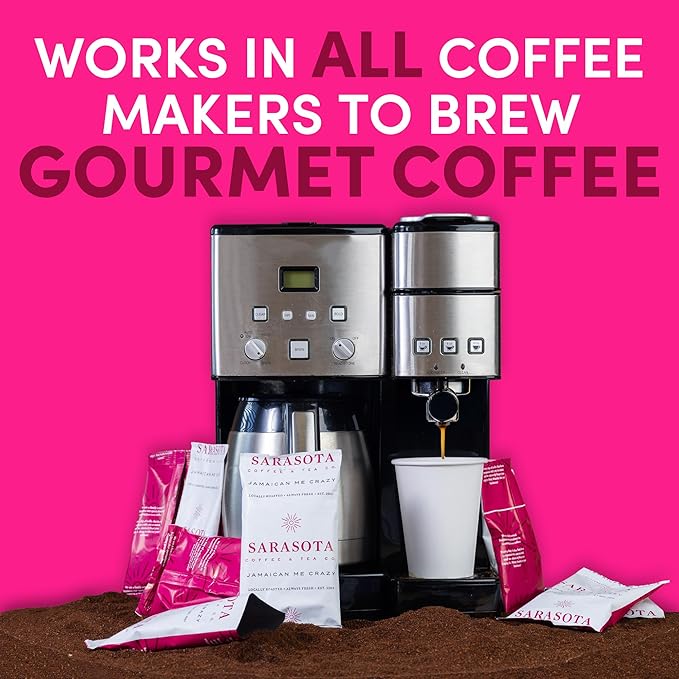 Sarasota Coffee Ground Packets | Gourmet Flavored Medium Roast Bulk Coffee Packs | Jamaican Me Crazy | Low Acid Mold Free Singles Individual Pouches for 12 Cups Maker | 2 Ounce Bags, 36 Count