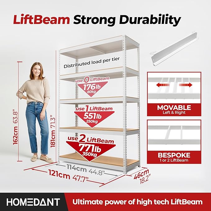 HOMEDANT White 5 Tier Laminated Boltless Heavy Duty Garage Storage Adjustable Wide Size Metal Shelving Unit Utility Rack Shelves Organization Shelf Shed Warehouse 47.7" W x 18.2" D x 71.3" H 4Pack