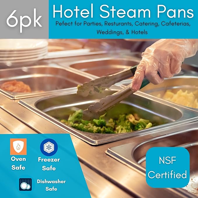 BIRDROCK HOME Stainless Steel Steam Table Pan - Hotel, Restaurant & Catering Supplies - 24 Gauge Steel, 2 qt Capacity - Meal Prep, Cooking, & Food Storage Container - 2.5" Depth, 1/4-Size (6 Pack)