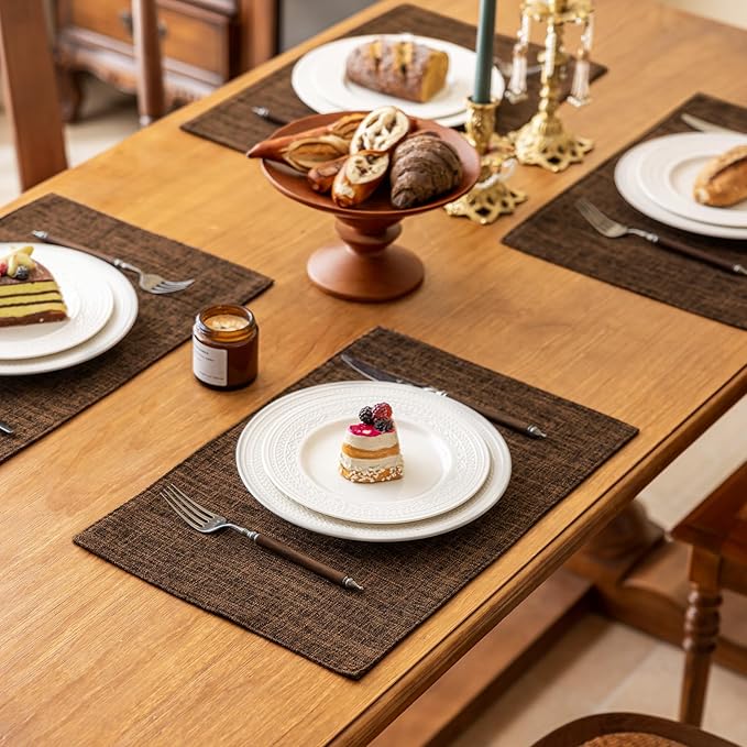 KXN Placemats Set of 6, Dual-Layer Thickened Faux Linen Table Mats, Heat Resistant & Wrinkle-Free, Machine Washable Cloth Place Mats for Kitchen Dining Indoor Outdoor (Brown)