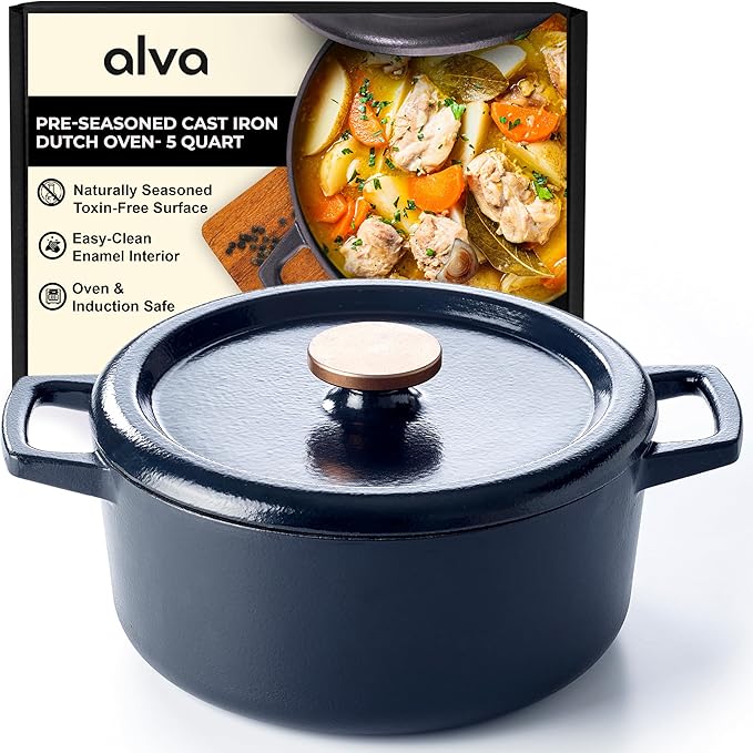 Alva Nori 5-Qt Enameled Cast Iron Round Dutch Oven – Made With No PTFE/PFOA/PFAS, Oven & Induction Safe – 3-Layer Enamel, No Seasoning Needed – Durable, Easy-Clean Cookware for Healthy Cooking, Black