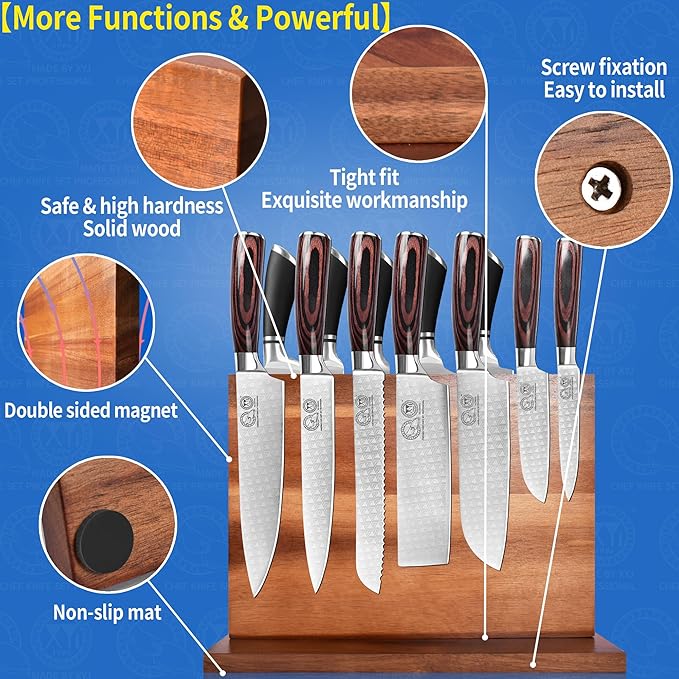 XYJ Extra Large Magnetic Knife Block Acacia Wood Knife Set Holder Stand With Stronge Magnetic Strip Kitchen Knives Storage Rack Organizer Tools No Drilling