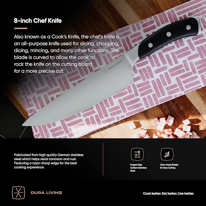 DURA LIVING 8-Inch Chef Knife – Ultra-Sharp German High Carbon Stainless Steel, Full Tang, Ergonomic Handle, Multipurpose Kitchen Knife for Chopping, Slicing, and Dicing, Black