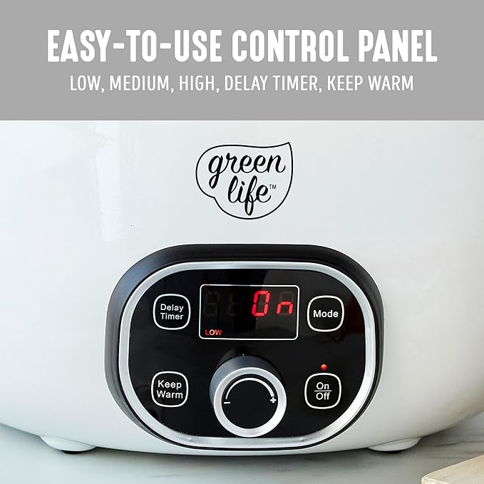 GreenLife 8QT Slow Cooker, Non-Toxic PFAS-Free Ceramic Nonstick Removable Interior Bowl, Programmable, Family Friendly, Keep Warm, Stovetop & Oven Safe, Dishwasher Safe Parts, Timer, Glass Lid, White