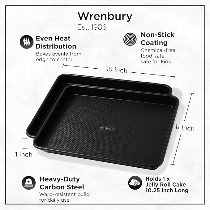 Wrenbury Jelly Roll Pan Set of 2 15x10 - Carbon Steel DuraQuartz Non Toxic Large Baking Sheet - ⅔ Sheet Pan for Cookies