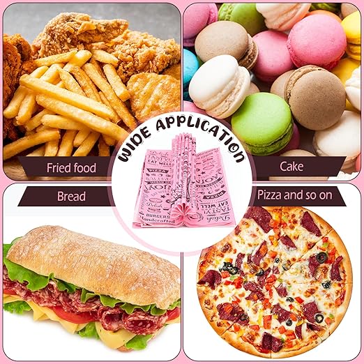 Outus 600 Pcs 12 x 12 Inch Deli Wax Paper Sheets Grease Resistant Tray Basket Liners Newsprint Paper Water and Grease Proof Sandwich Wrapping Square Hot Dog Wrappers for Food Baking (Pink,Black)
