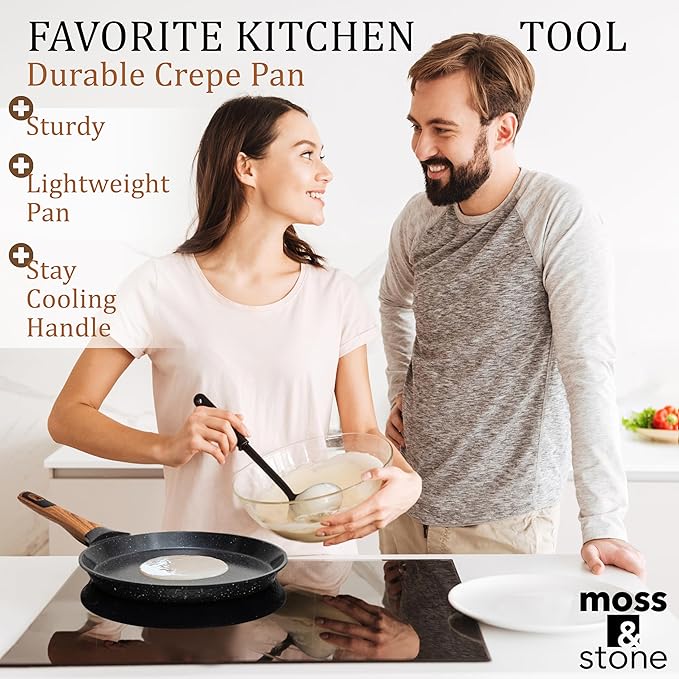 Moss & Stone 9.5-Inch Nonstick Crepe Pan with Spreader – Ceramic Dosa Tawa, Flat Skillet for Roti, Pancakes, Tortillas – Induction Compatible, Nonstick Pancake Pan for Stovetop Use, Balck