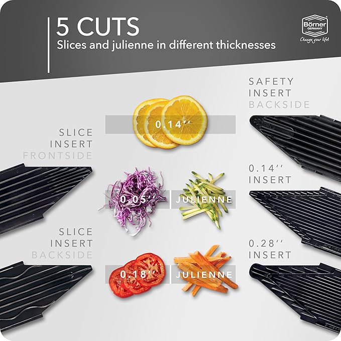 Borner V6 Exclusive Line V-Mandoline Slicer 8-in-1 Pro-Set, Stainless Steel Vegetable Cutter with Safety Insert, Slice Insert, 2 Blade Inserts