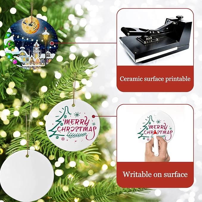 Sublimation Ceramic Ornaments - Bulk Ceramic Discs for Heat Press Printing - White Round Porcelain Personalized Xmas Tree Keepsake Crafts Gift - 48pc