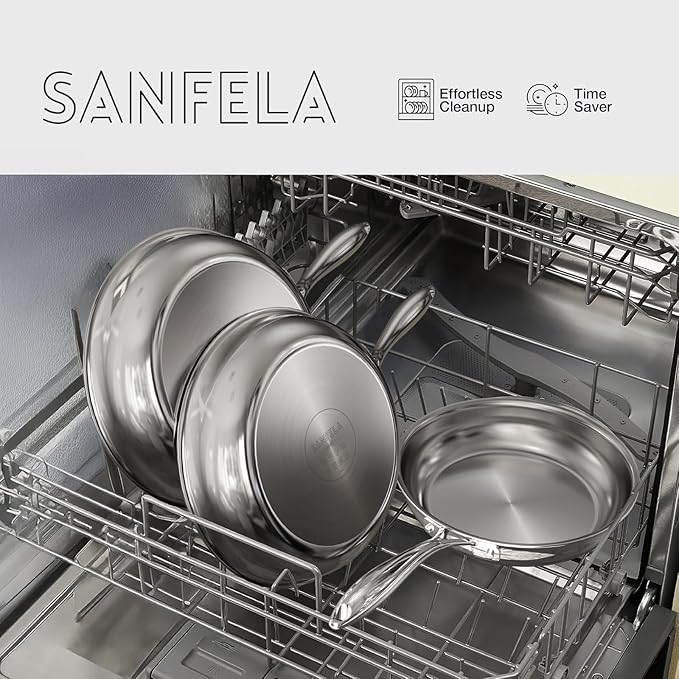 9.5 Inch Stainless Steel Frying Pan, 5-Ply Stainless Steel Skillet, Dishwasher and Oven Safe, Induction Pan, Even Heat Distribution