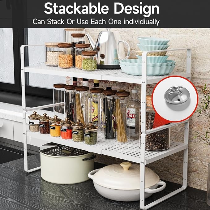 Expandable Cabinet Countertop Shelves 16.5-27’’L, Adjustable Metal Spice Rack Organizer, Stackable Kitchen Counter Storage Shelves Organizers for Cabinet Organization, White