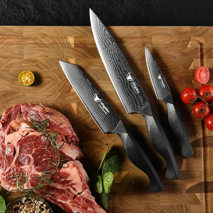 8C Damascus Knife Set - 3PC Chef's Knife, Kitchen and Paring Knives, High Carbon Stainless Steel, Ergonomic Full Tang ABS Anti-Skid Handle