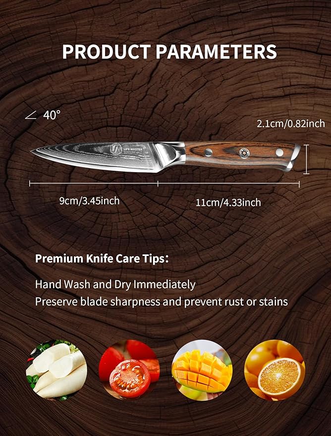 Damascus Paring Knife - Collectible 3.5 Inch Utility Knife with Pakkawood Handle, Japanese High Carbon Steel Blade, Small Fruit & Vegetable Knives for Kitchen, Outdoor, Camping, or Gift Use