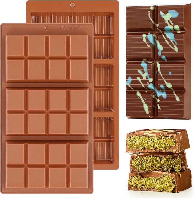 2 Pcs Chocolate Bar Mold Deep Dubai 0.85 Inch Stuffed Large Chocolate Molds Silicone Break Apart Thick Silicone Molds for Candy Bar (8 Snap）
